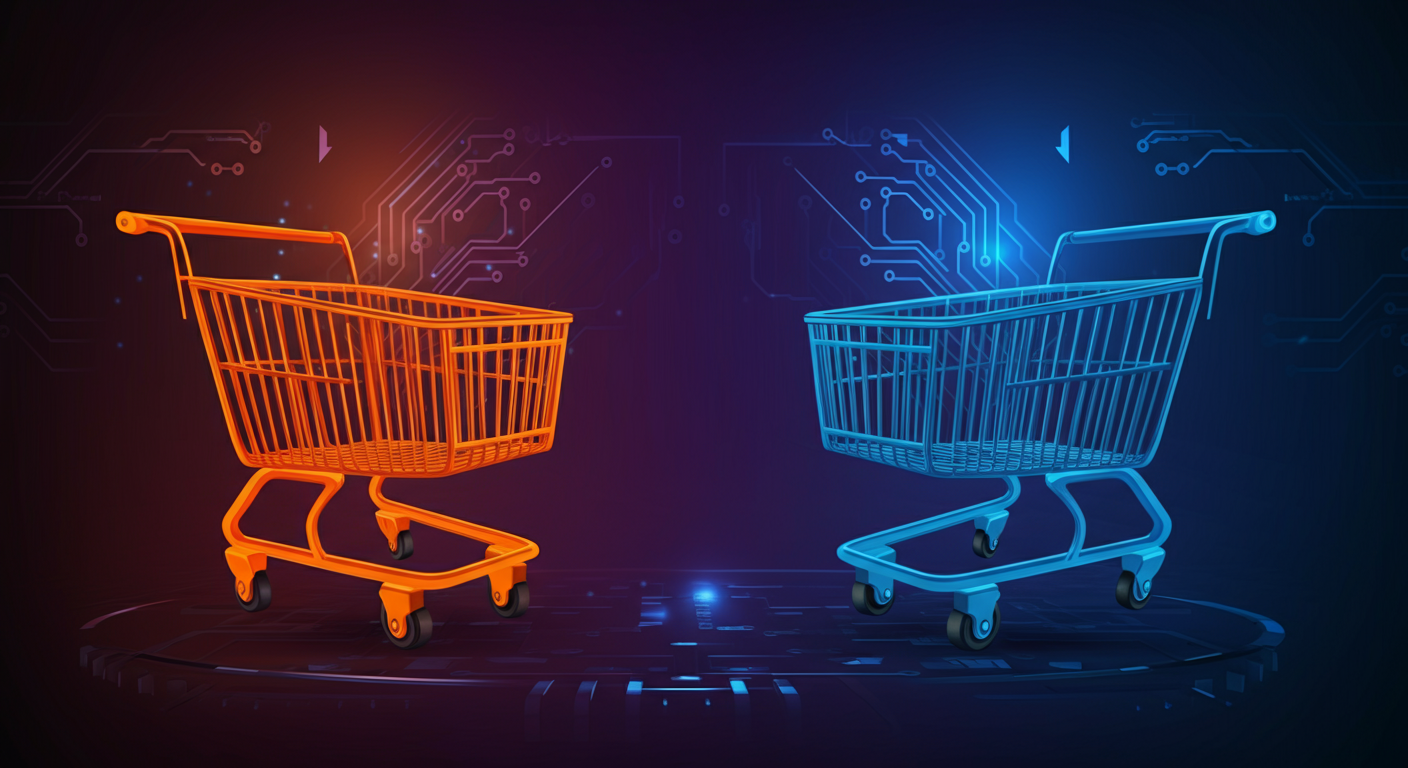 Amazon en Bol.com marktplaats concurrentie illustratie met automatisering iconen